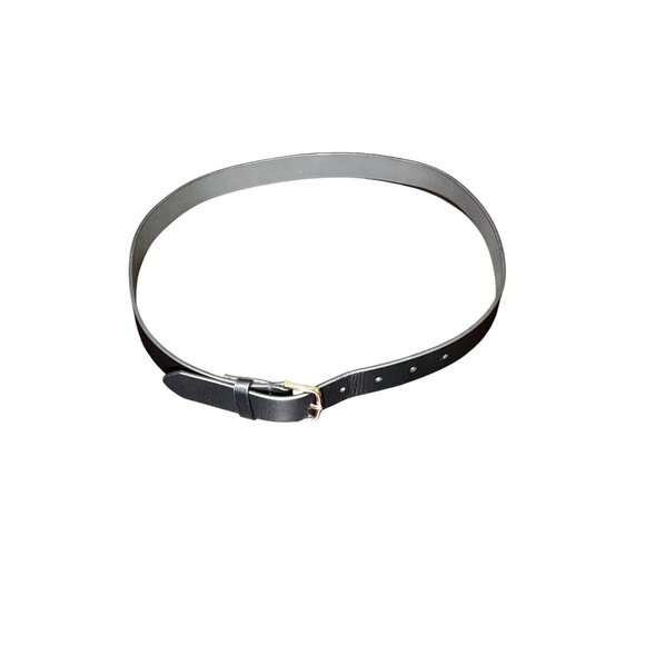 Black Leather Belt With Gold-Tone Buckle 37" Adjustable Unisex - Picture 1 of 2